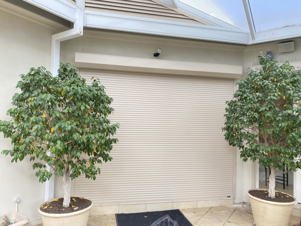 Cream roller shutter potted trees
